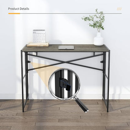 Lutown-Teen 35 inch Narrow Folding Desk, Writing Gaming Computer Camping Desk for Small Spaces, No Assembly Required Home Office Table, Black Oak