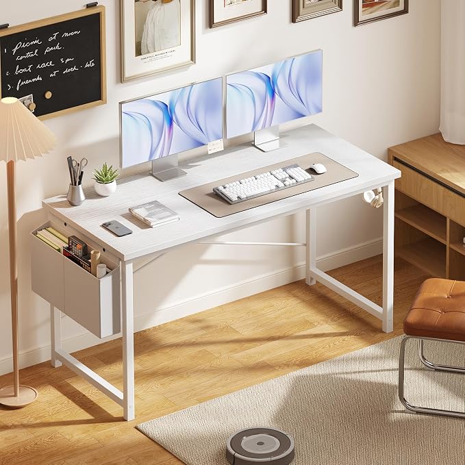 OLIXIS 55 Inch Computer Desk for Home Office, Writing Study Craft Gaming Table, Modern Computer Workstation with Storage Bag and Headphone Hook for Bedroom Small Spaces, White