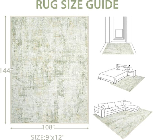Area Rugs 9x12 Living Room: Washable Rug Modern Abstract Large Rugs Soft Non Slip Neutral Rug Stain Resistant Indoor Carpet for Bedroom Kitchen Dining Room Home Office Rugs(Green Brown,9'x12')