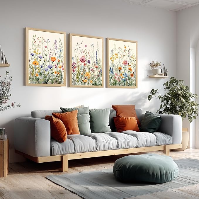 LLEEMPI Watercolor Floral Wall Art Set of 3, Colorful Wildflower Wall Decor, Modern Abstract Botanical Canvas Painting, Rustic Farmhouse Poster Print for Bedroom Bathroom Office Wood Framed 12x16 Inch