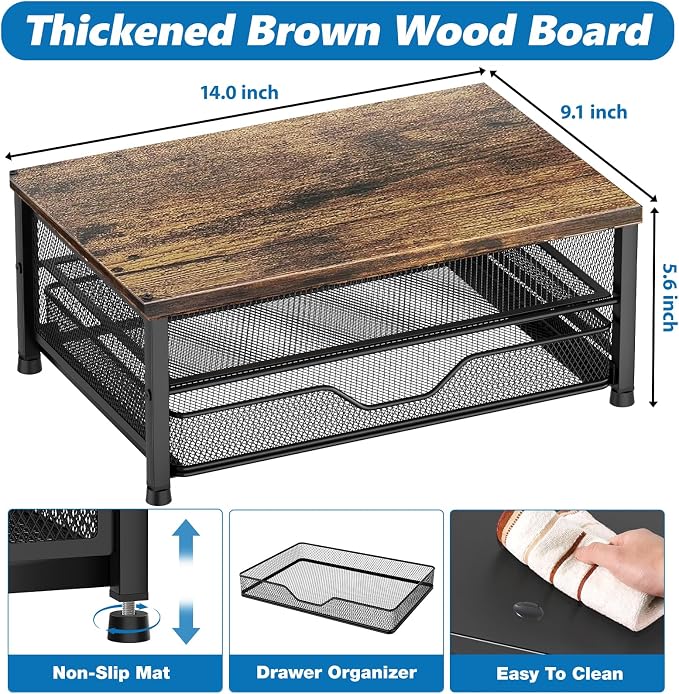 OPNICE Computer Monitor Stand Riser, Desk Organizer with Drawer, Printer & Laptop Stand, Office Desk Accessories & Workspace Desktop Organizers Storage for Office Supplies(Brown)