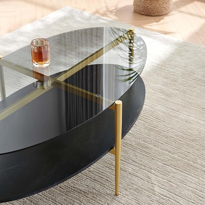 LumFurn Oval Glass Coffee Table, Mid-Century Modern Design, L43 x W22 x H17 inch, Surfboard Shaped Grey Glass Top and Black Marble Finish Wood Shelf, Tapered Legs with Gold Finish Frame