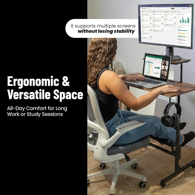 Small Rolling Desk with Wheels, Adjustable Height 27"-43.3" Portable Standing Desk, 31.5"x15.7" Tabletop, Mobile Laptop Computer Table for Home Office Workstation, Rustic Brown