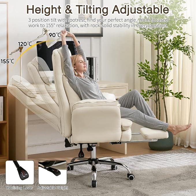 Cloud Cross Legged Office Chair with Footrest,Leather Big and Tall Executive Ergonomic Chair, Flip Armrests for Pets,155° Reclining Computer Wide Desk Chair for Home,Office (Beige)