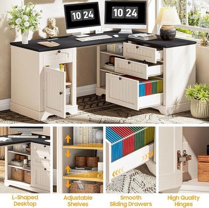 Vabches Farmhouse L Shaped Desk with Drawers, 56 Inch Executive Desk with File Cabinet, Wooden Corner Computer Desk with Power Strip for Home Office Work and Study, Rustic White and Black