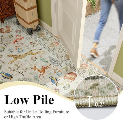 DUKINO 2.6x12 Hallway Runner Rug, Vintage Washable Long Kitchen Rug with Non Slip Backing, Stain Resistant & Low Pile Animal Print Floor Carpet for Indoor Entrance Bathroom, Laundry, Bedroom, Beige