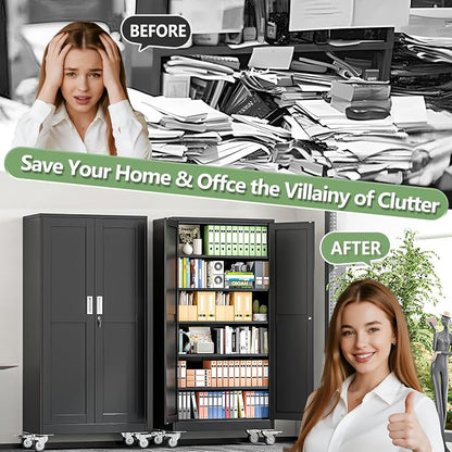 Metal Garage Storage Cabinets and storage system, 74”Tall Rolling utility cabinet with Wheels, Lock, 5 Adjustable Shelves, Heavy Duty Steel Tool Locker for Home Office, Utility Room, Gym,Black