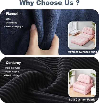 Folding Sofa Bed, Flannel Futon Couch Bed with Pillow and Blanket, Convertible Sleeper Chair for Living Room Bedroom (Pink+Black)