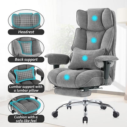 Efomao Executive Office Chair 400lbs, Grey Fabric Big and Tall Desk Chair | Breathable fabric, pocket spring & foam seat, retractable footrest, 135° recline for computer gaming setup