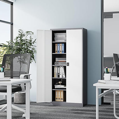 Fesbos Metal Storage Cabinet-71” Tall Steel File Cabinets with Lockable Doors and Adjustable Shelves-Gray&White Steel Storage Cabinet for Home,Kitchen, School, Office, Garage