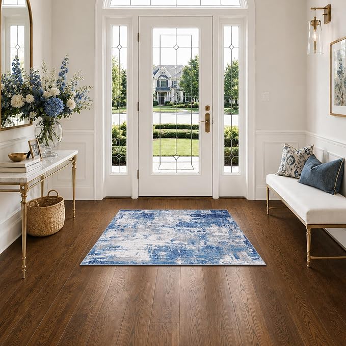 RELEANY Washable Area Rugs 2'x3' Non-Slip Modern Abstract Soft for Living Room Entryway Bedroom Kitchen, Print Pattern, Blue Grey Navy Gray
