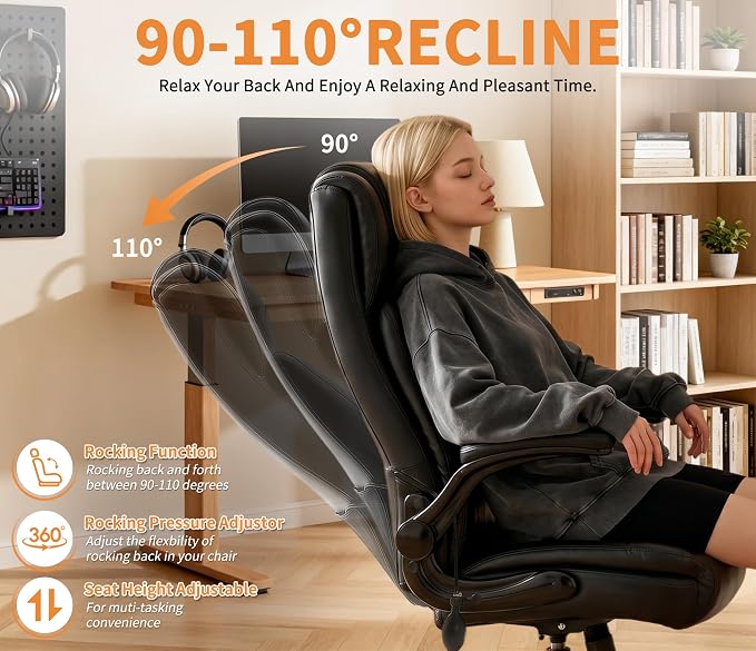Large High Back Office Chair - Adjustable Lumbar Support, Flip Up Arms, Heavy Duty Metal Base, Breathable Bonded Leather, 2 Storage Bags, Black