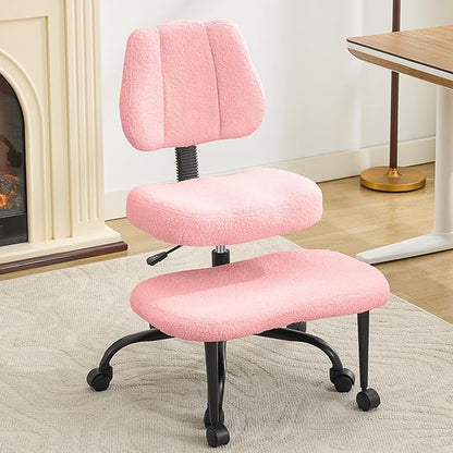 Criss Cross Legged Meditaion Chair,Exquisite Home Office Furniture,Ergonomic Kneeling with Lumbar Support and Adjustable Height Stool,for ADHD Adults,Teddy Fabric (Pink, Teddy Fabric)