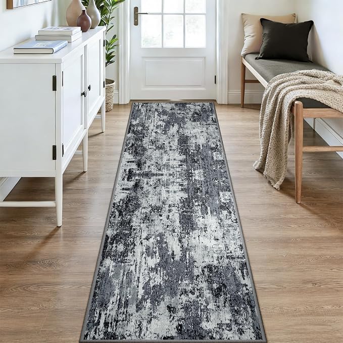 RELEANY Washable Area Rugs 3x9 Non-Slip Modern Abstract Soft for Living Room Entryway Bedroom Kitchen, Print Pattern, Black Navy Blue Gray