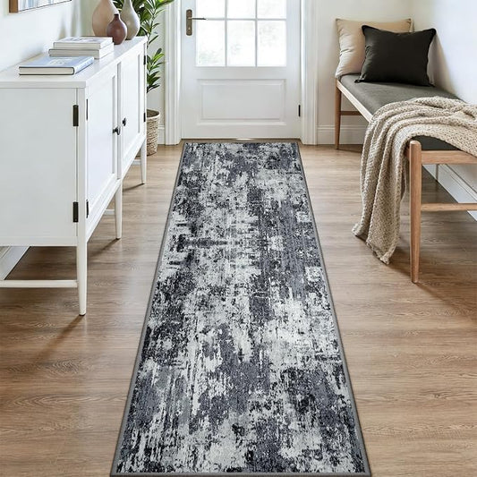 RELEANY Washable Area Rugs 3x9 Non-Slip Modern Abstract Soft for Living Room Entryway Bedroom Kitchen, Print Pattern, Black Navy Blue Gray