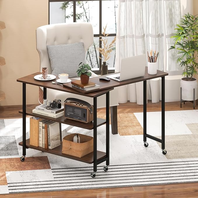 Tangkula 360° Rotating Sofa Side Table, Patented Mobile End Table with 2-Tier Storage Shelves, Swivel Rolling Desk with 6 Lockable Wheels, Metal Frame, Movable Laptop Table Couch Snack Table for Home
