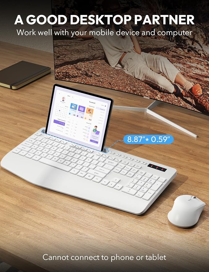Wireless Keyboard and Mouse Combo - Full Size Ergonomic Wrist Rest, Silent Typing, Phone Holder, 2.4 GHz, 3 Level DPI, Batteries Powered, KM23D Set Compatible with PC, Laptop, Windows, macOS -SABLUTE