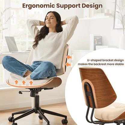 ovios Home Office Chair with Wheels, Modern PU Leather Swivel Computer Desk Chair, Mid Back Adjustable Height Armless Walnut Chairs for Office (White Button)
