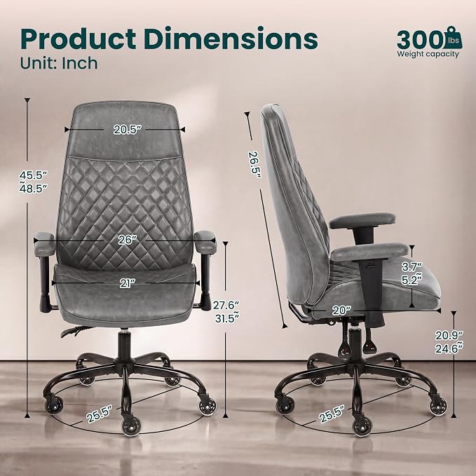 NEO CHAIR Ergonomic Leather Office Desk Chair with Adjustable Height Armrests High Back Lumbar Support Swivel Executive Computer Chair with Wheels Comfy Home Office Chair for Adults (Grey)
