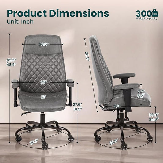 NEO CHAIR Ergonomic Leather Office Desk Chair with Adjustable Height Armrests High Back Lumbar Support Swivel Executive Computer Chair with Wheels Comfy Home Office Chair for Adults (Grey)