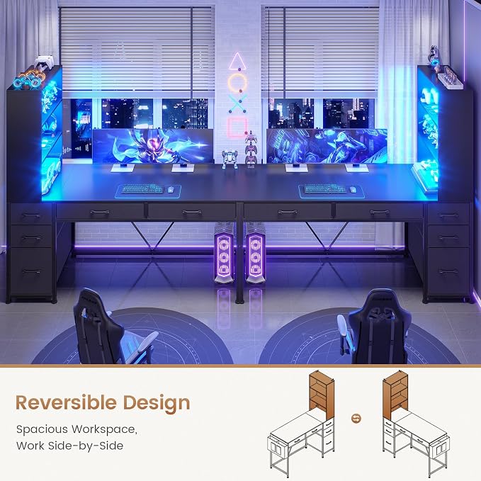 SEDETA Computer Gaming Desk with 5 Drawers and Bookshelf, Reversible Home Office Desk with Storage Shelves and File Drawer, Corner Desk with LED Lights for Small Spaces, Black