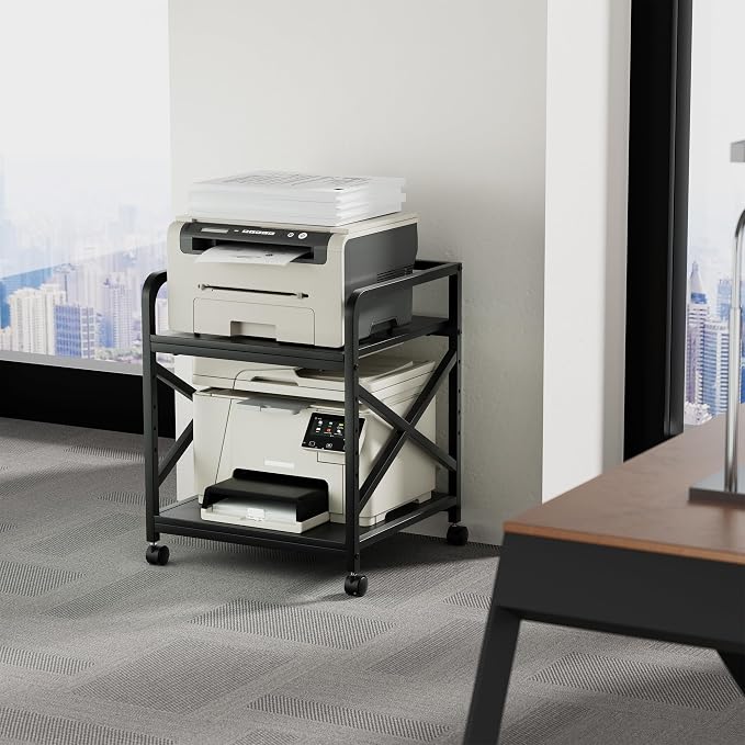 2 Tier Printer Stand with Storage Shelf, Printer Table with Height Adjustable Top Shelf, Under Desk Storage Printer Cart for Paper Shredder Scanner, 3D Printer Stand for Home Office(Black)