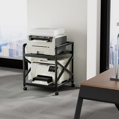 2 Tier Printer Stand with Storage Shelf, Printer Table with Height Adjustable Top Shelf, Under Desk Storage Printer Cart for Paper Shredder Scanner, 3D Printer Stand for Home Office(Black)
