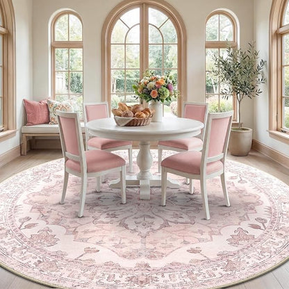 RELEANY Area Rugs Round 10ft Washable Non-Slip, Floral Vintage Distress Medallion Carpet for Living Room Bedroom Dining Room, Pink Greypink Cute
