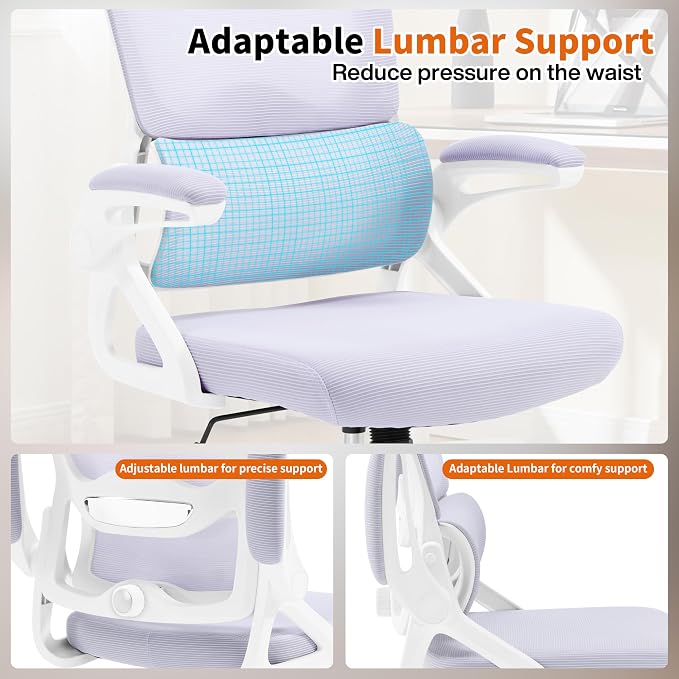 Ergonomic Office Chair,Mesh Office Chair with Lumbar Support,Mid Back Desk Chair with Flip-up Arms,400 lbs Comfy Computer Chair for Home Office (Pale Purple White)