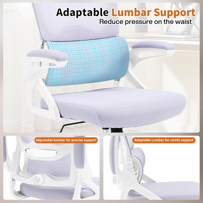 Ergonomic Office Chair,Mesh Office Chair with Lumbar Support,Mid Back Desk Chair with Flip-up Arms,400 lbs Comfy Computer Chair for Home Office (Pale Purple White)