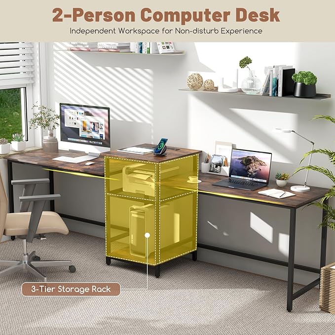 Tangkula 97" Extra Long 2-Person Computer Desk with Power Outlet, Home Office Computer Workstation with Printer Stand, Metal Mesh Shelf & CPU Stand, Double Gaming Table (Rustic Brown)