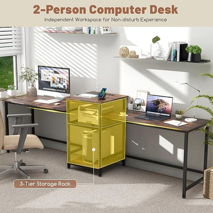 Tangkula 97" Extra Long 2-Person Computer Desk with Power Outlet, Home Office Computer Workstation with Printer Stand, Metal Mesh Shelf & CPU Stand, Double Gaming Table (Rustic Brown)
