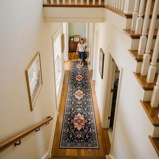 RELEANY Area Rugs Runner 2'6"x10' Washable Non-Slip, Floral Vintage Distress Medallion Carpet for Kitchen Hallway Bedroom Beside Laundry Room Bathroom, Black Colorful Floral Dark Tan