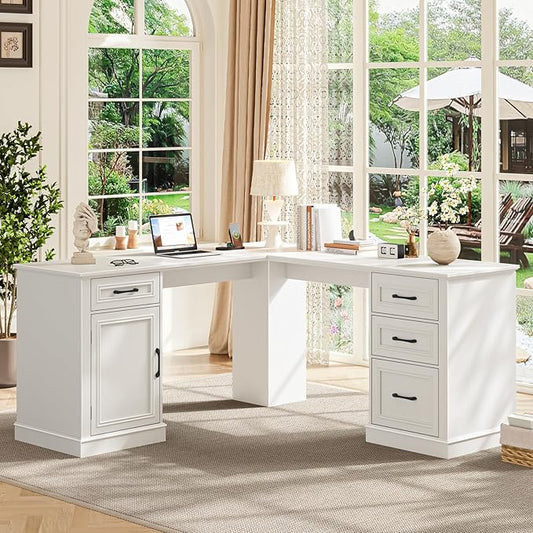 Vabches Farmhouse 59" L-Shaped Executive Desk with Drawers, Wood Home Office Corner Desk with File Drawer, Storage Cabinet, Rustic Computer Writing Desk for Home Office Cream White