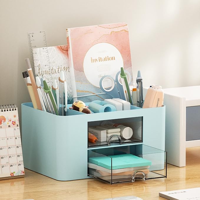 Marbrasse Pen Organizer with 2 Drawer, Multi-Functional Pencil Holder for Desk, Desk Organizers and Accessories with 5 Compartments + Drawer for Office Art Supplies (Blue)