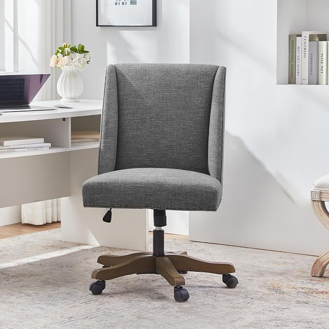 Zihanhome Upholstered Armless Home Office Chair with Wooden Legs, Modern Office Desk Chair No Arms Sewing Chair Adjustable Swivel Desk Chair for Farmhouse Office Study Studio (Dark Gray)