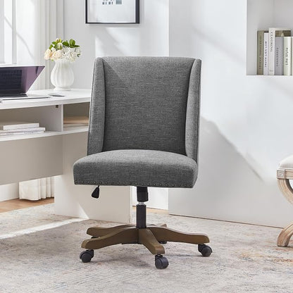 Zihanhome Upholstered Armless Home Office Chair with Wooden Legs, Modern Office Desk Chair No Arms Sewing Chair Adjustable Swivel Desk Chair for Farmhouse Office Study Studio (Dark Gray)