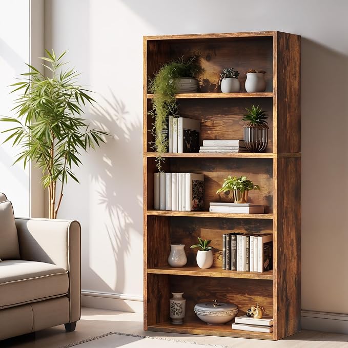 Sweetcrispy Industrial 5 Shelf Bookcase - Large 53 Inch Tall Floor Standing Open Bookshelf for Home Office, Living Room, and Bedroom Storage, Classic White