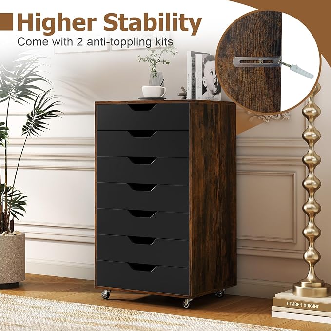 7 Drawer File Cabinet, 34.5" Vertical Storage Drawer Cart, Under Desk Office Organizer, Wooden Printer Stand, Rolling Filing Cabinet for Home Office (Rustic Brown)