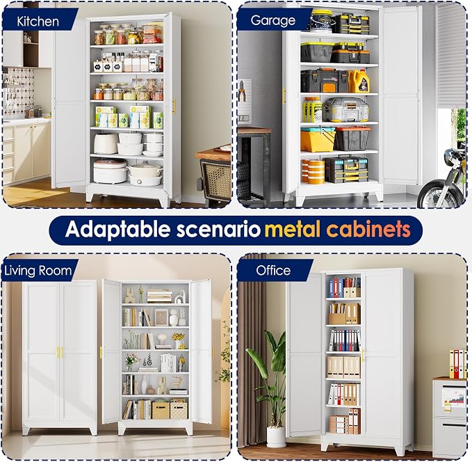 erosoei 75" H Large Metal Garage Storage Cabinet, Metal Pantry Cabinet with 2 Doors, Locker Steel Cabinet with 5 Adjustable Shelves, Freestanding Cupboard for Garage,Office,Home,Gym,School