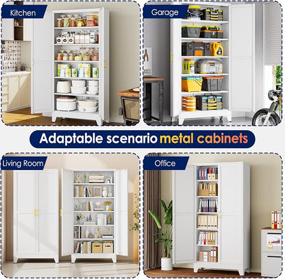 erosoei 75" H Large Metal Garage Storage Cabinet, Metal Pantry Cabinet with 2 Doors, Locker Steel Cabinet with 5 Adjustable Shelves, Freestanding Cupboard for Garage,Office,Home,Gym,School