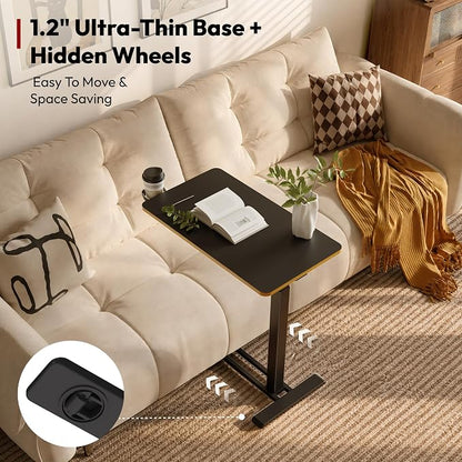 SANODESK Medical Adjustable Overbed Bedside Table with Hidden Casters, Pneumatic Mobile Laptop Computer Standing Desk Cart with Tray, Hospital and Home Use(27.6" W x 15.7" D, Black)