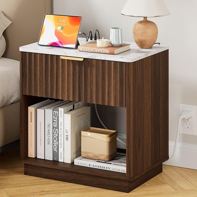 Fluted Nightstand, Large Night Stand, 23" Wide Walnut Nightstand with Faux Marble Top and Charging Station. Modern Ene Table with Drawer, Wooden Bedside Table for Bedroom, Curved Corners
