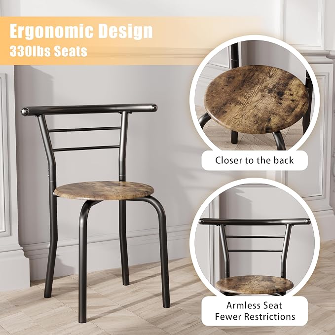 JUMMICO 3-Piece Wooden Round Table & Chair Set, Space Saving Kitchen Breakfast Nook Wood Grain Tabletop with Metal Frame and Built-in Wine Rack for Kitchen, Dining Room (Walnut/Black)