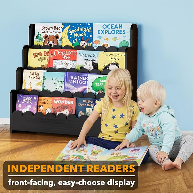 SpaceAid 4-Tier Scalloped Bookshelf, Montessori Bookcase for Toddlers, Wooden Book Shelf Organizer Display Furniture for Kids Rooms, Playroom, Nursery and Classroom, 29.6“ Wide, Black