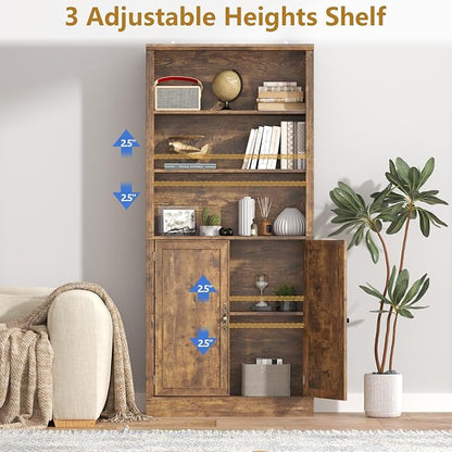 Thacuok 72'' Tall Bookcase with Doors, Adjustable Shelves, P2 MDF Construction, 32'' Wide Freestanding Cabinet with Metal Handles, Hidden Storage for Living Room, Bedroom