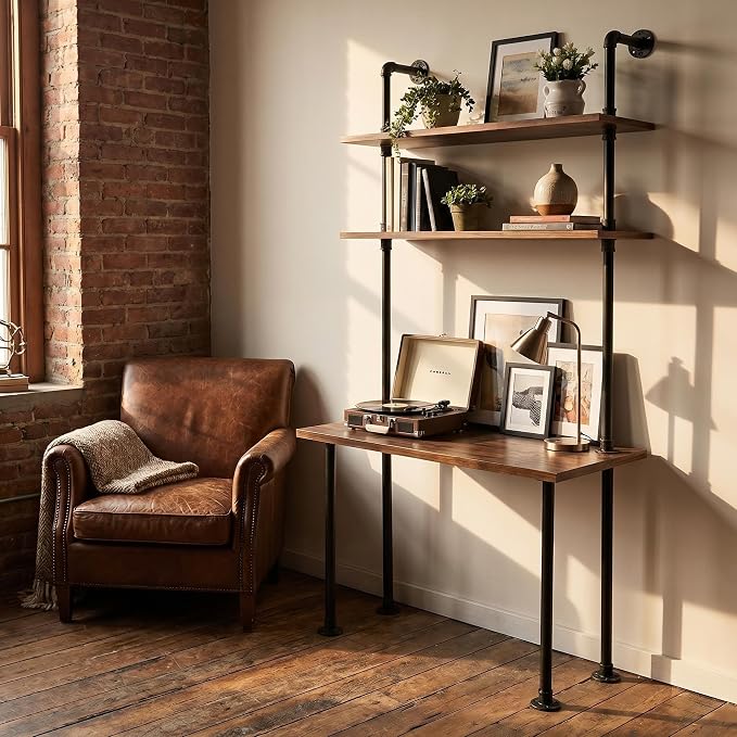 Industrial Pipe Desk with 3 Tier Shelves, Rustic Solid Wood Writing Workstation, Sturdy Metal Frame for Home Office Study Living Room Decor(40" L)