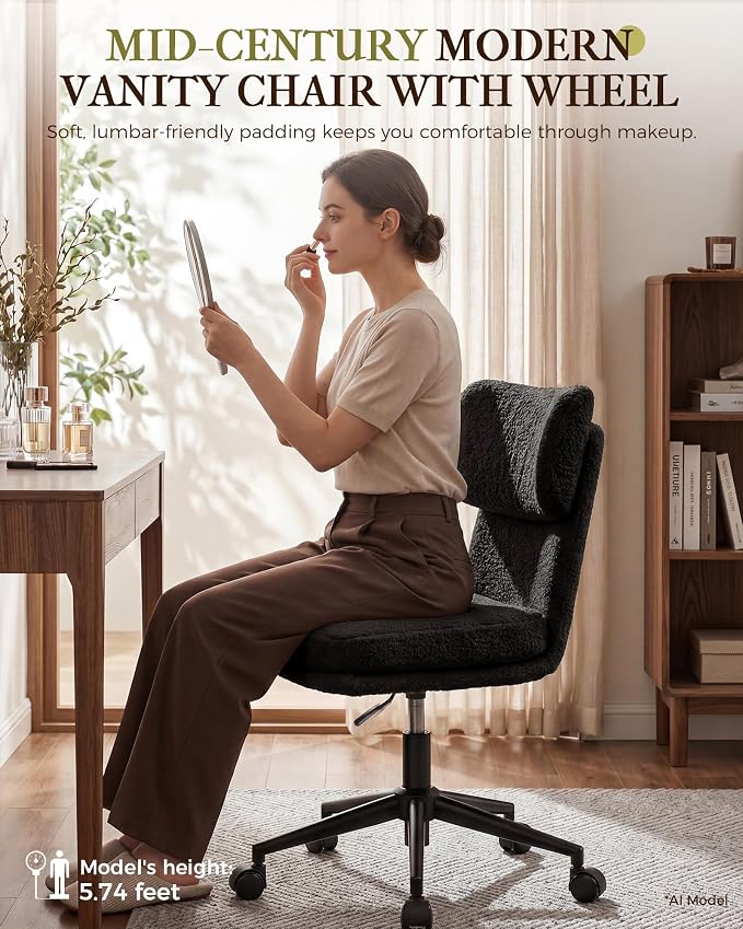COMHOMA Vanity Chair with Ergonomic Curved Backrest, Home Office Desk Chair with Silent Wheel, Wide Seating Computer Chair for Girls Women Bedroom, Soft Teddy Fabric, Black