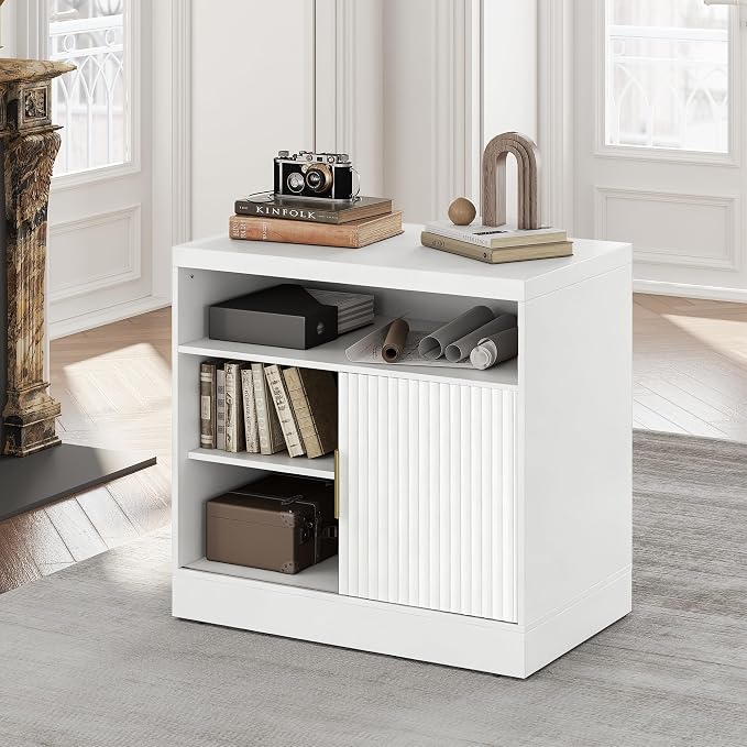 Fluted File Cabinet with Door, 32'' Lateral File Cabinet with Open Adjustable Shelves, Wood Filing Cabinet with Sliding Door for Home Office, White