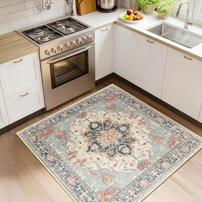 RELEANY Area Rugs Square 4ft Washable Non-Slip, Floral Vintage Distress Medallion Carpet for Living Room Bedroom Dining Room, Beige Navy Blue Orange Colorful